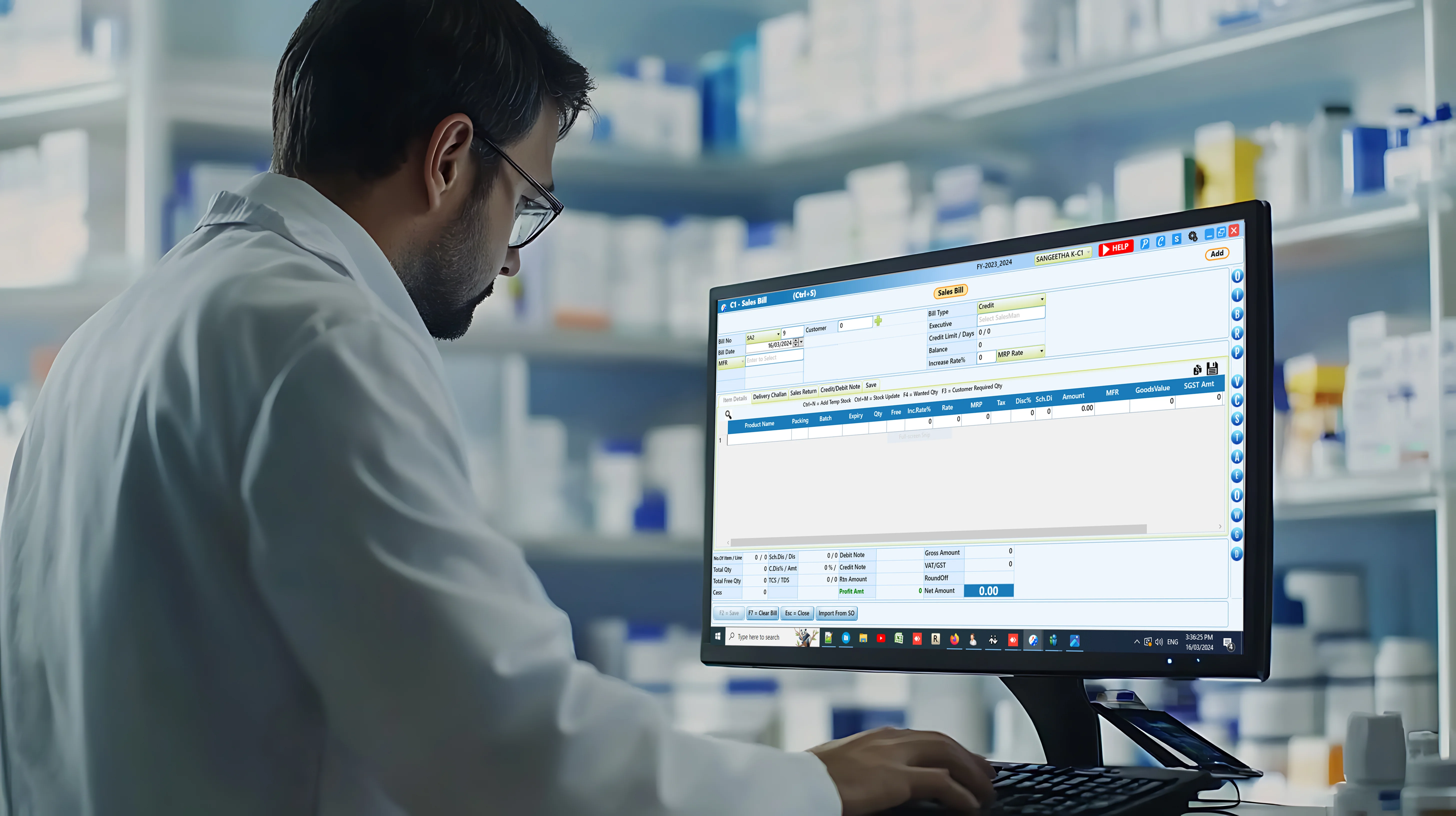 Pharmacy billing software dashboard showing medicine bill
