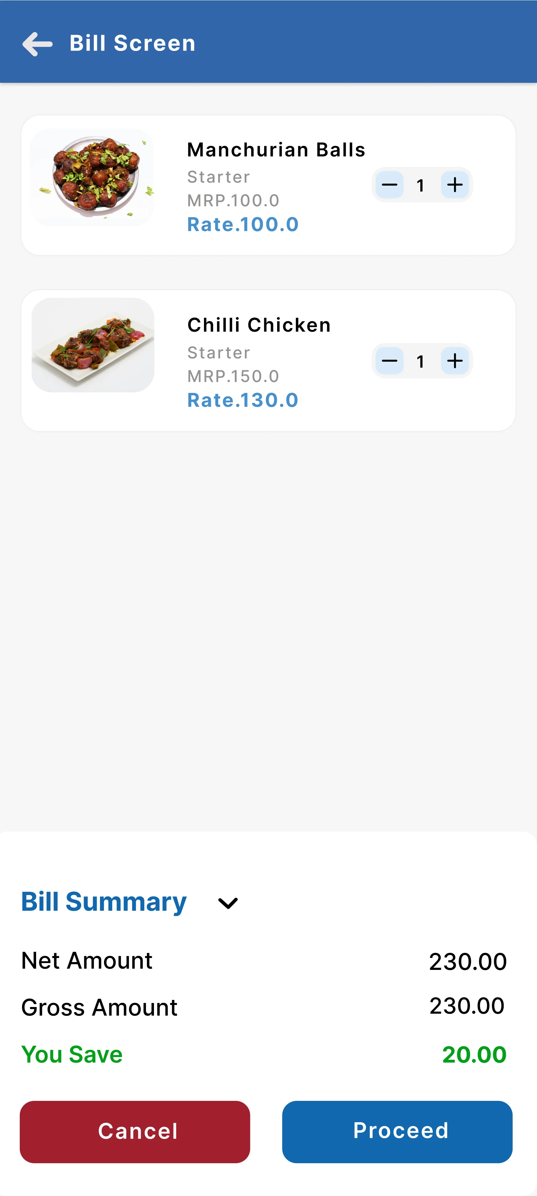 Screen 2 VIew Cart and Total Bill Value 