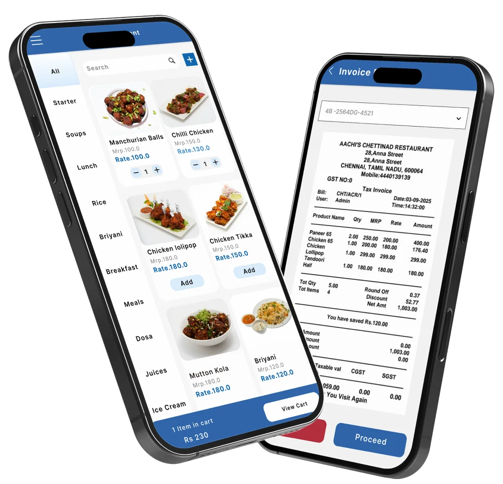 POS billing App bill screen with GST invoice and product images on mobile