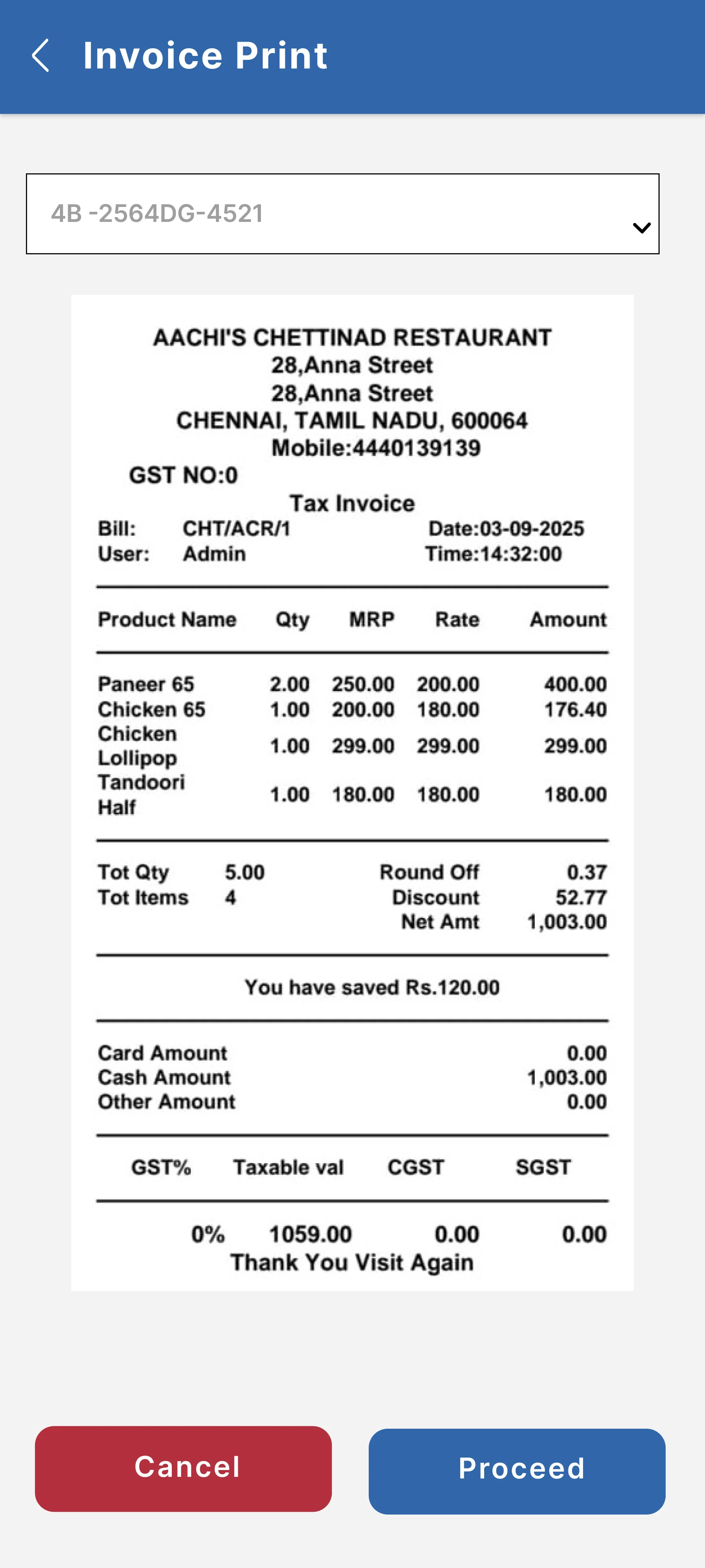 Screen 3 Bill print screen